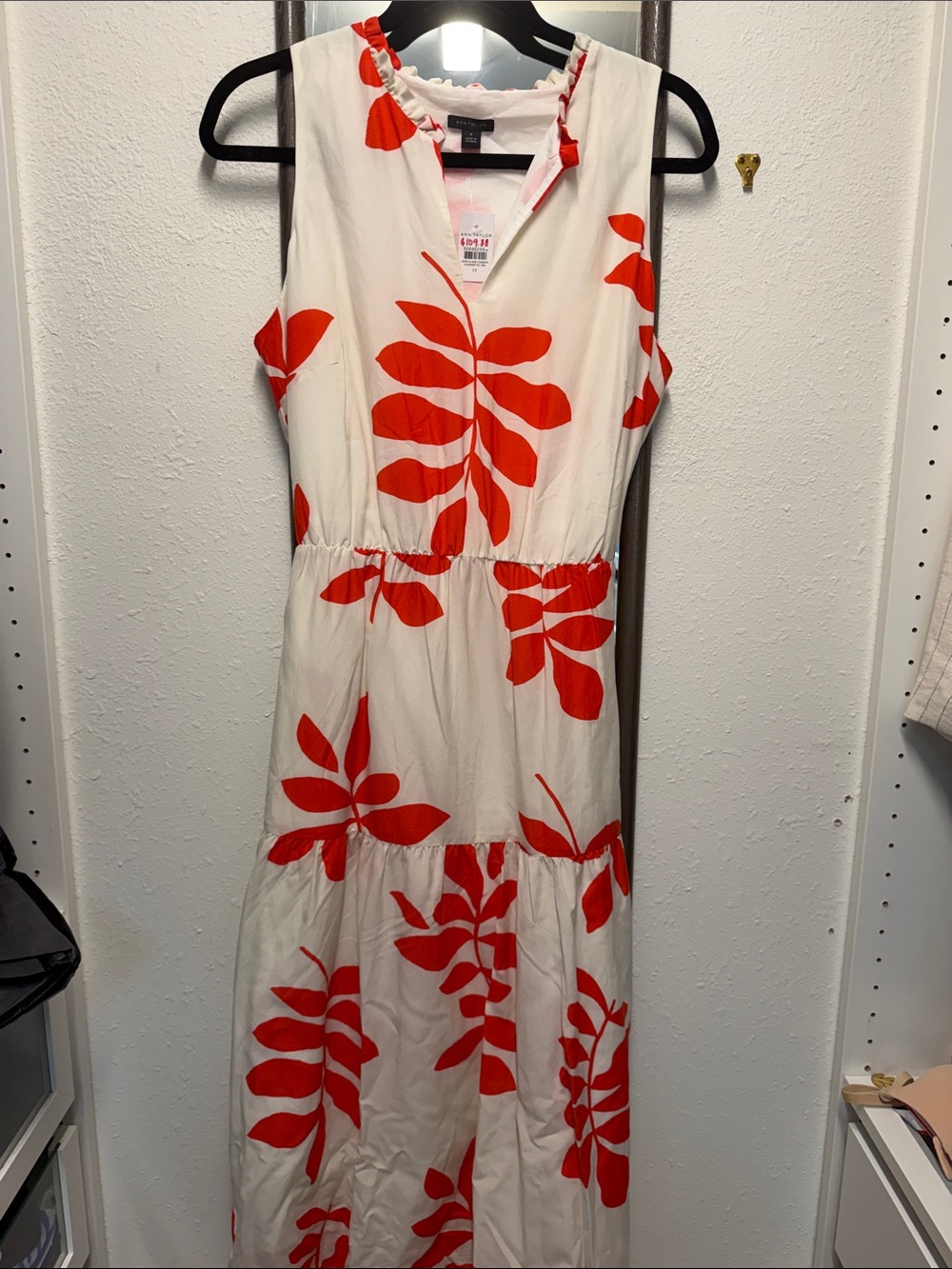 Ann Taylor White Midi Dress with Red Leaf Print